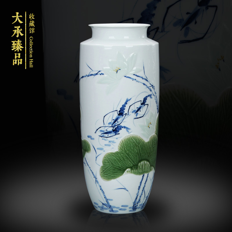Shrimp boring LuYiGang hand - made porcelain of jingdezhen ceramics engraving lotus vase collection crafts are set