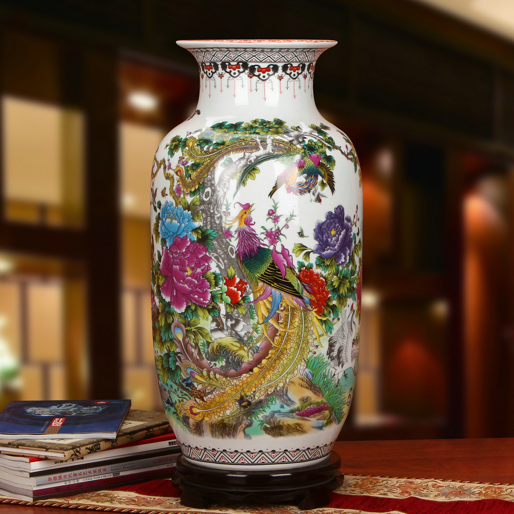 Idea for gourd jingdezhen ceramics powder enamel birds pay homage to the king of large vases, modern Chinese style household crafts