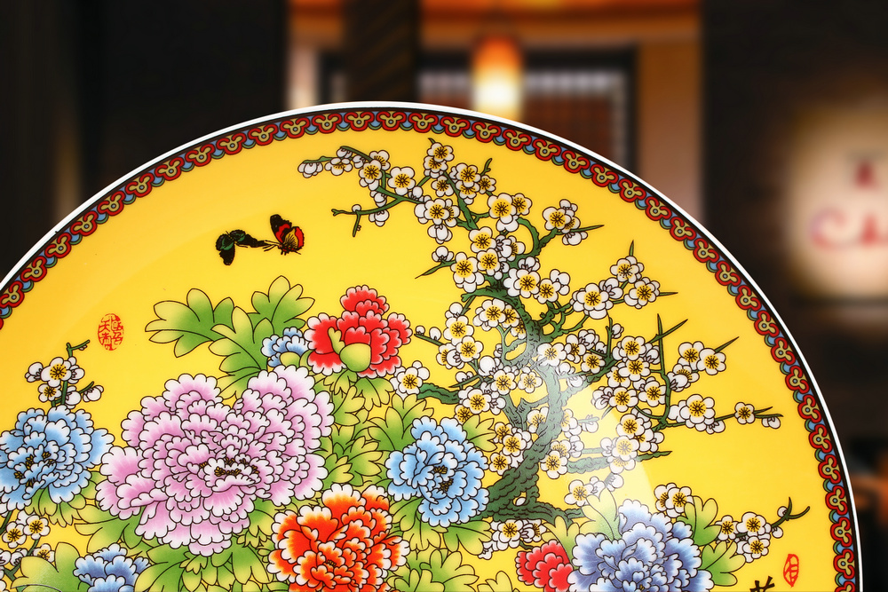 Jingdezhen ceramics enamel see colour yellow peony sit faceplate hang dish modern Chinese style decoration plate furnishing articles