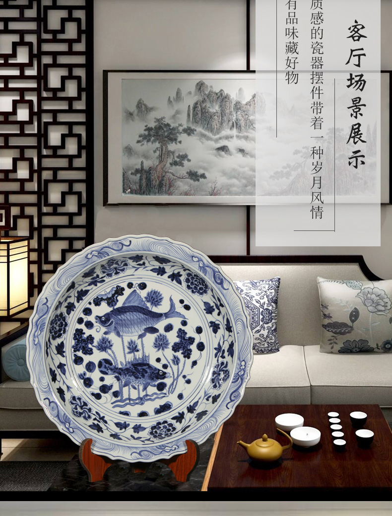 Archaize of jingdezhen yuan blue and white hand draw fish algae grain ceramic furnishing articles furnishing articles classical study large sitting room handicraft