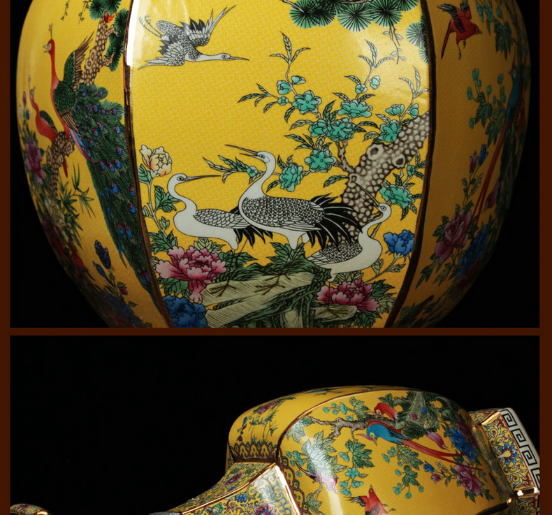 Jingdezhen ceramics enamel vase of flowers and birds painting gold phoenix six sides vase classical collection of home decoration