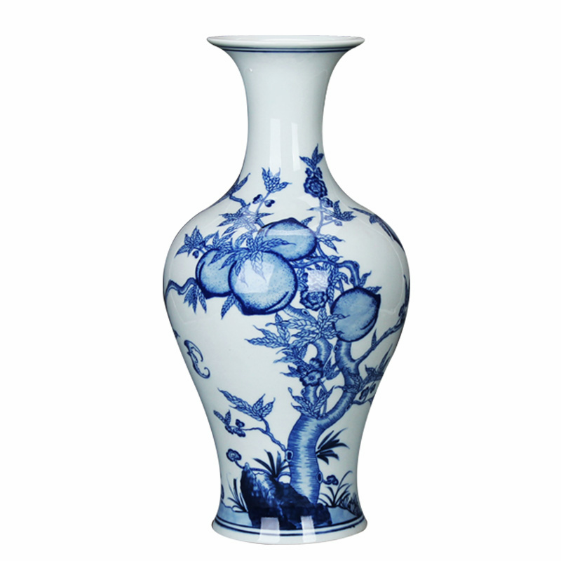 Jingdezhen ceramics antique blue - and - white hand - made peach guanyin vase Chinese style classical study the elderly birthday furnishing articles