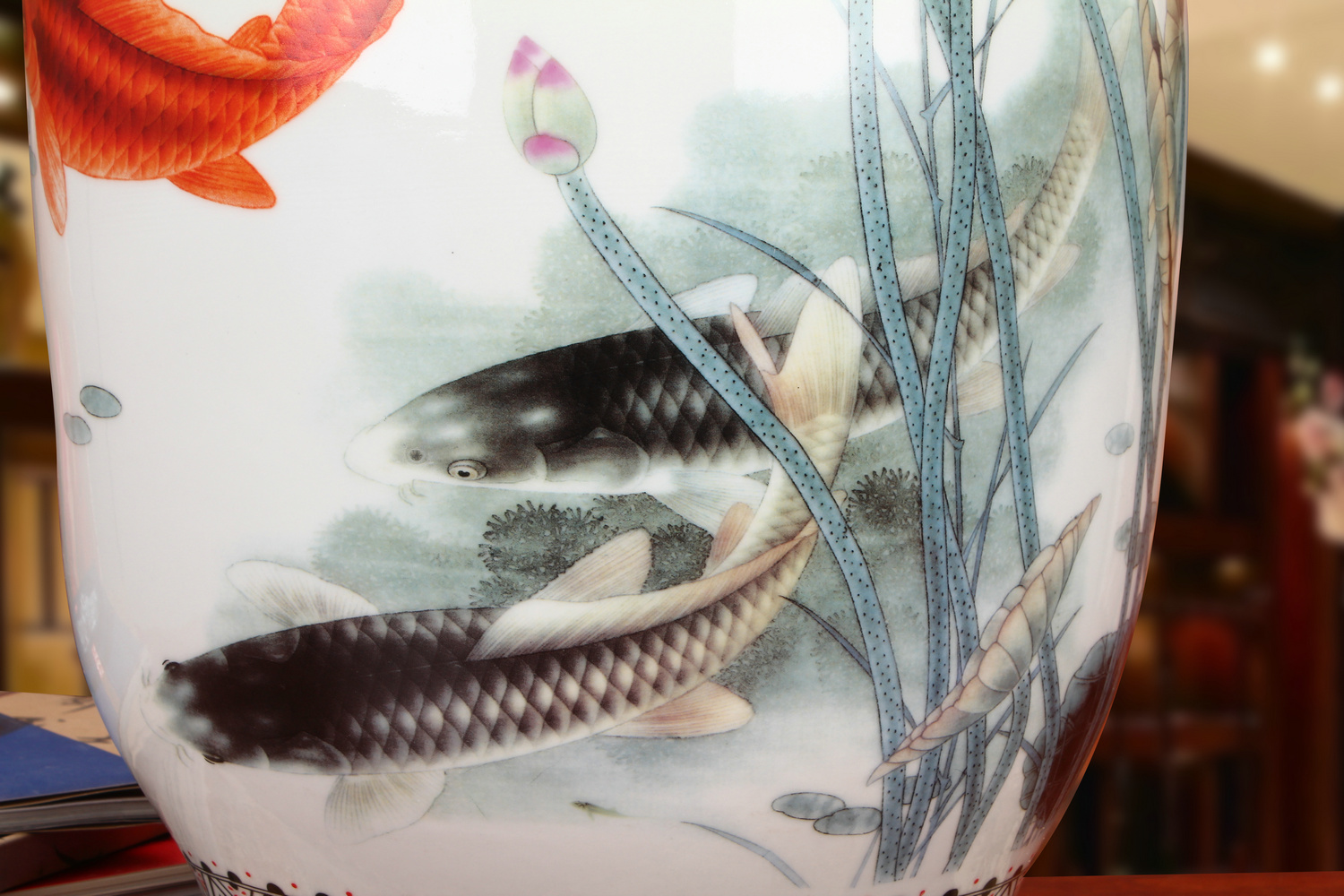 Jingdezhen ceramics powder enamel lotus fish idea gourd of large vases, modern Chinese style household crafts are set