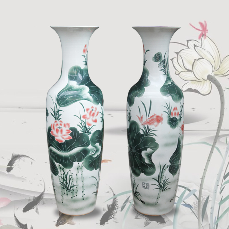Jingdezhen ceramics Chinese rural style lotus fish living room decoration to the hotel lobby for the opening of large vase