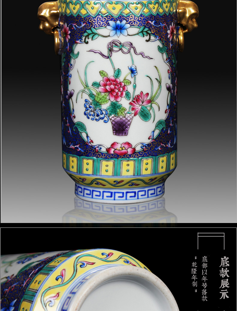 Jingdezhen ceramics colored enamel double head gold blue flower vase household altar collection handicraft furnishing articles