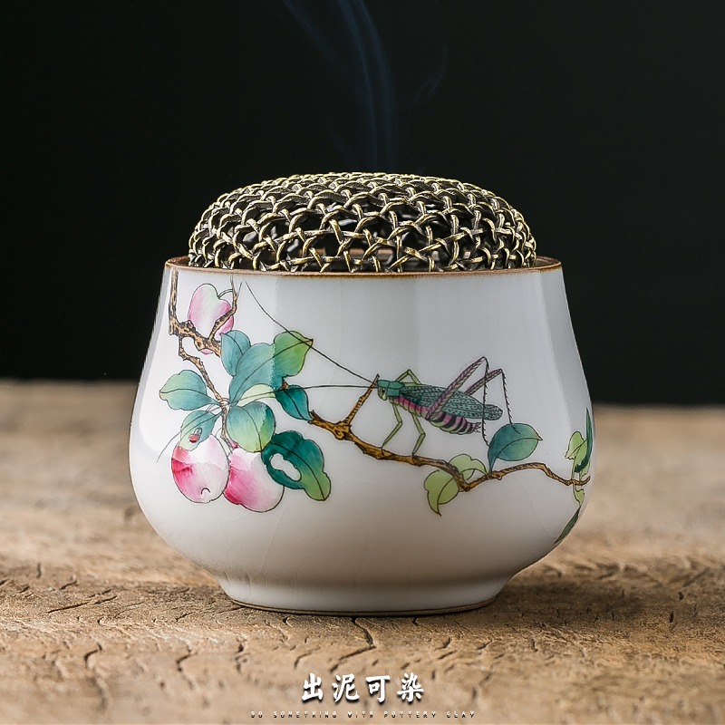 Out Clay-dyed pure handmade Ru kilns open sheet incense stove Jingdezhen Ceramic hand painted home fragrant road bronze tripod incense stove