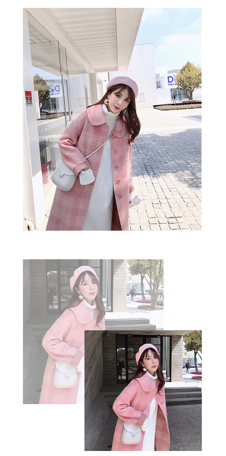 Mùa thu và mùa đông cashmere áo khoác len màu hồng nữ dài kẻ sọc hai mặt trên đầu gối len len áo khoác nữ de thương