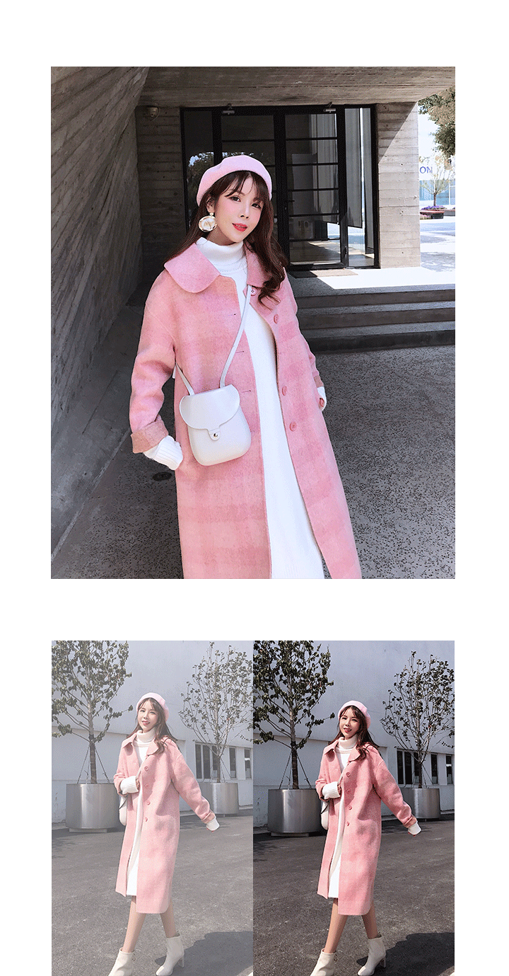 Mùa thu và mùa đông cashmere áo khoác len màu hồng nữ dài kẻ sọc hai mặt trên đầu gối len len áo khoác nữ de thương