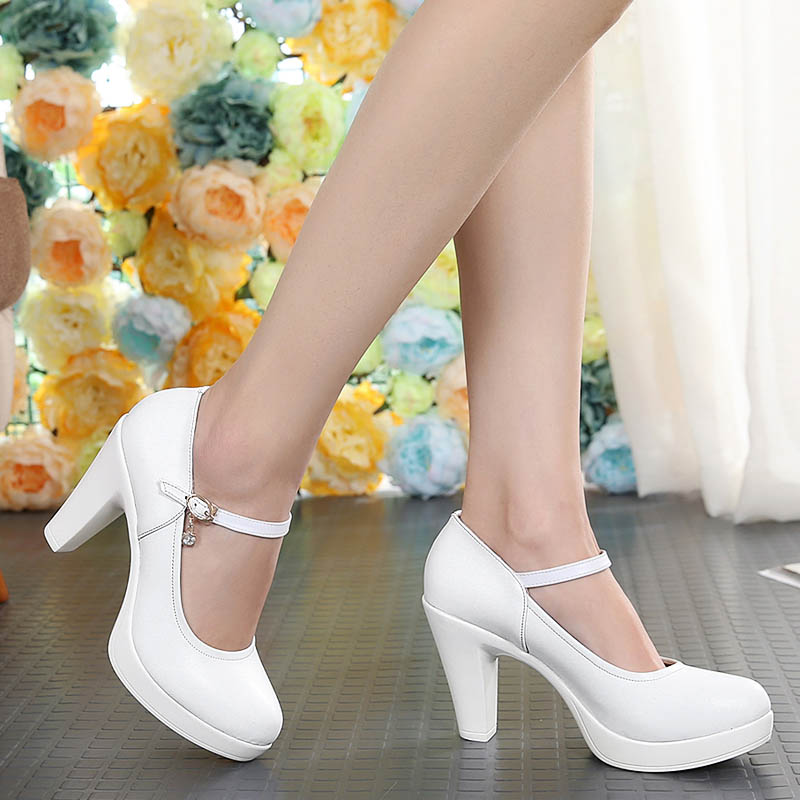 Cheongsam T Taiwan Women's Shoes Spring Leather High-Heel Single Shoes Women's Coarse Round Head Waterproof Table White Comfortable Show Model Shoes