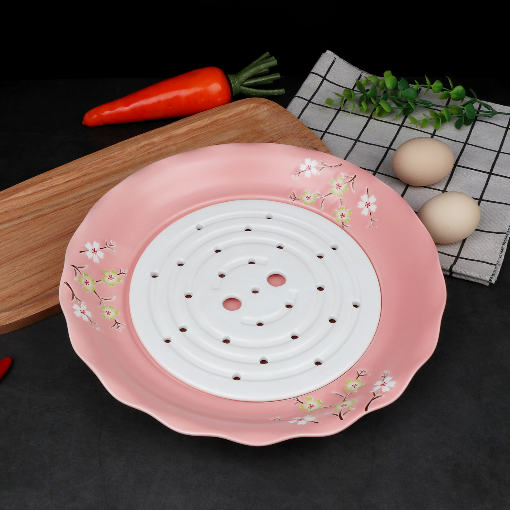Dazzle see colour ceramic disc dumplings plate waterlogging under caused by excessive rainfall double - layer steamed fish dish dish dish dish plate waterlogging under caused by excessive rainfall ceramics disc