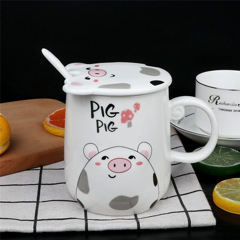 Fashion cartoon cup jade porcelain cover cup pig ipads ceramic keller keller cup coffee cup cow cup with small spoon