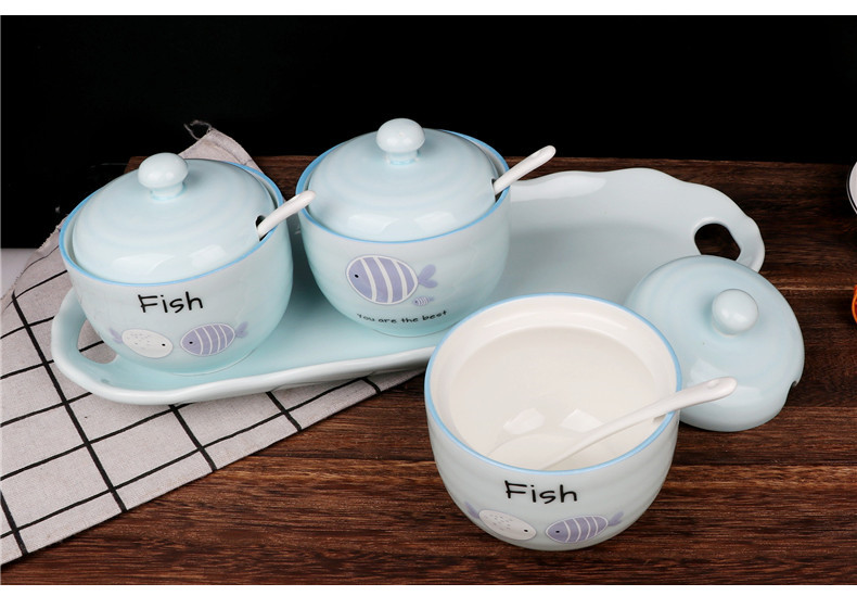 Happy home thread flavor pot three - piece sauce seasoning cylinder color ceramic pot seasoning box with a spoon with tray