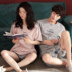 Duo Ting mùa hè vài bộ đồ ngủ cotton ngắn tay nữ hoạt hình dịch vụ nhà nam cotton mỏng phần quần áo nhà phù hợp - Bên ngoài ăn mặc các kiểu đồ bộ ống rộng đẹp Bên ngoài ăn mặc
