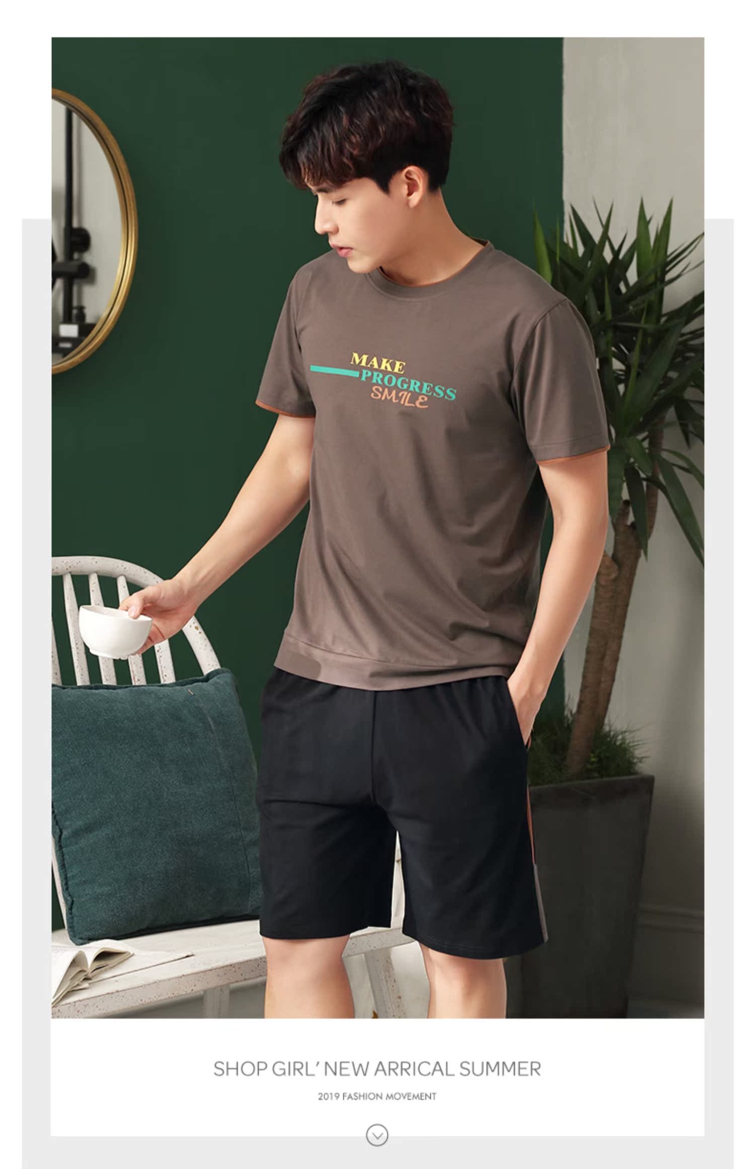 Bộ đồ ngủ đôi nam Ting cotton mùa hè tay ngắn thể thao và dịch vụ giải trí tại nhà mỏng phần cotton tròn cổ phù hợp với dịch vụ nhà - Bên ngoài ăn mặc kiểu đồ bộ