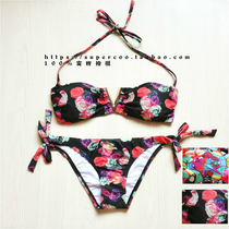 European and American black-tone rose tropical jungle beauty Single chest tie-up bikini sexy V-collar