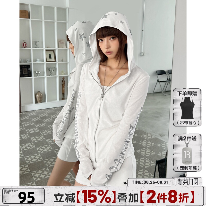 404Mob American-Style Hooded Star-Studded Sun Protection Jacket for Women, Slim Fit, Sweet and Spicy Girl Cover-Up, Trendy Brand, Cool-Feeling Outerwear 404Mob American-Style Hooded Star-Studded Sun Protection Jacket for Women, Slim Fit, Sweet and Spicy Girl Cover-Up, Trendy Brand, Cool-Feeling Outerwear