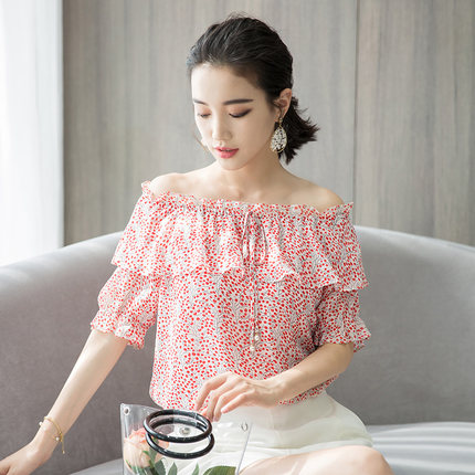 小碎花雪纺衫女短袖夏装宽松一字肩超仙飘逸花