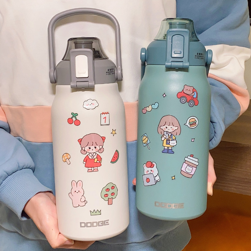 Student Straws Water Glasses High Face Value Sports Men And Women Large Capacity Insulated Cups Stainless Steel Big Belly Kettle Outdoor Portable