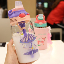 Child straw glass cup with cover Han version kettle portable adult pregnant woman drinking water cup student creative with the hand cup