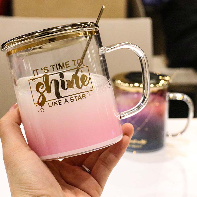 Day style with lid spoon Breakfast heat resistant glass cups Water mug Heart cute portable accompanying cup small frescoed tea cup