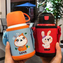 Student Double Cover Dual-use Straw Water Cup Children Insulation Cup With Scale 304 Stainless Steel Kindergarten Lovely Kettle