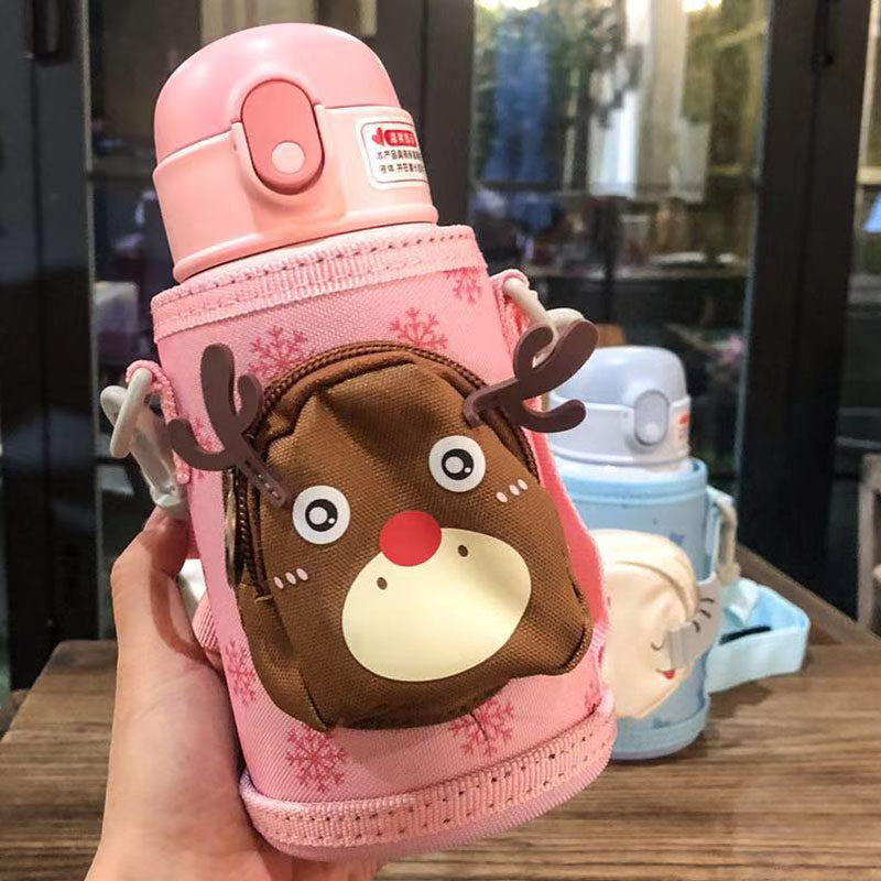 Double - covered 316 stainless steel insulation cup outdoor portable kettle cartoon male and female baby to learn drinking cup dual straw cup