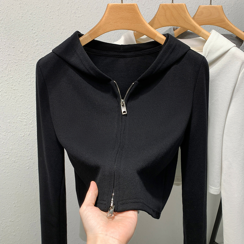 Black Hooded Sweatshirt for Women, Spring and Autumn 2026 New Popular Slim-Fit Short Style with Double-Ended Zipper and Hood, Long-Sleeved Top for Women Black Hooded Sweatshirt for Women, Spring and Autumn 2026 New Popular Slim-Fit Short Style with Double-Ended Zipper and Hood, Long-Sleeved Top for Women