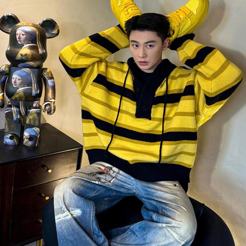 American-Style Dopamine Yellow Striped Hooded Sweater for Men and Women, Autumn and Winter Vibe, National Trend, Color-Blocking Knitwear