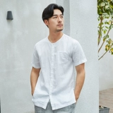 Тонкая мужская летняя рубашка для отдыха, свободный крой, круглый воротник, из хлопка и льна