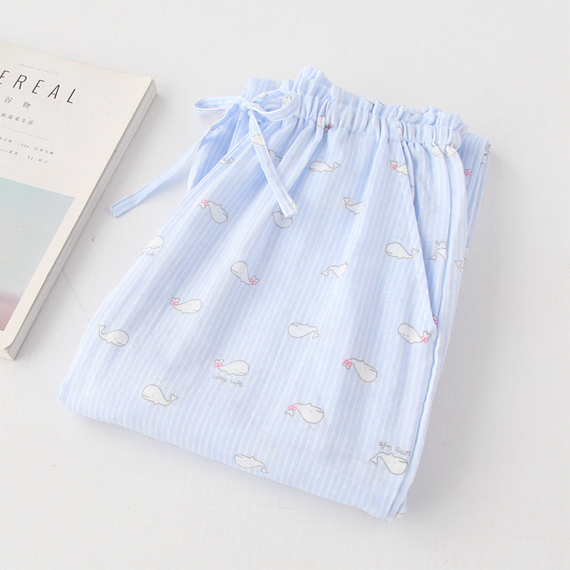 Mùa xuân và mùa hè Phiên bản Hàn Quốc của mùa thu nữ lưới cotton đôi gạc nhà cha mẹ quần cotton phần mỏng kích thước lớn quần ngủ lỏng thời trang mặc nhà nam nữ