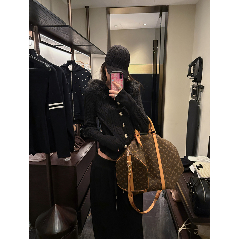 Mo Xinxin Black Cable Knit Sweater Jacket for Women, Autumn Slim Fit, Lazy Style with Fur Collar, Trendy Knitted Top