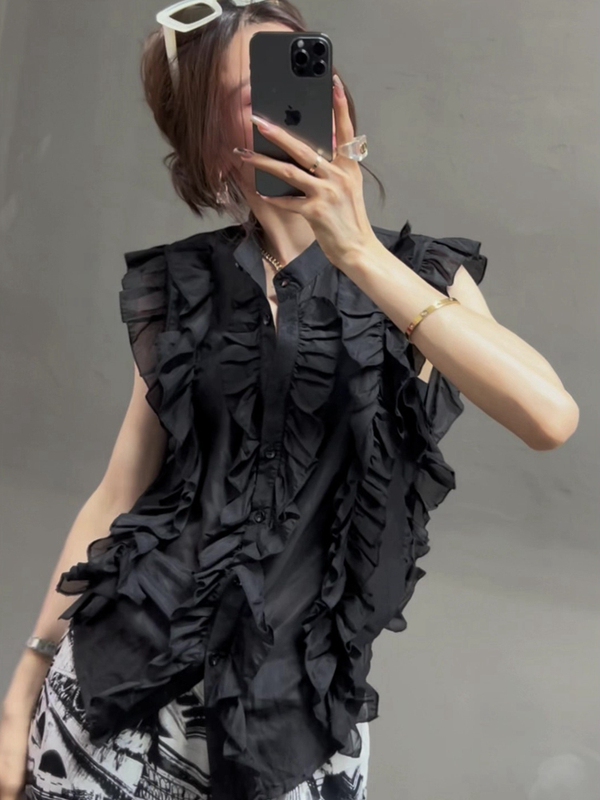 European-Style Ruffled Black Shirt for Women, 2026 Summer New Niche Loose Sleeveless Trendy Top