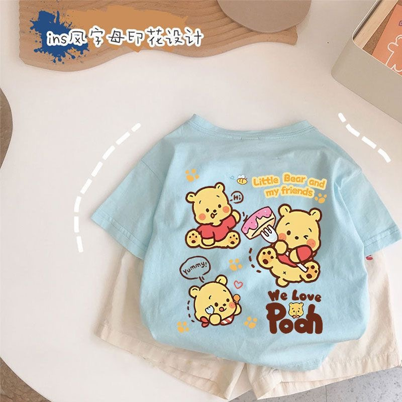 Cartoon Bear Letter Print Pure Cotton Short-Sleeve T-Shirt for Boys and Girls, Fresh, Stylish, Versatile and Trendy Top