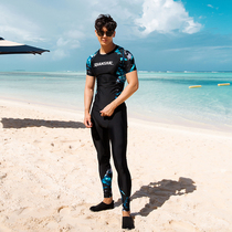Split swimsuit mens short-sleeved top short-sleeved five-point swimming trunks Sunscreen quick-drying medium-long mens swimsuit set