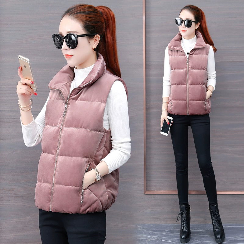 Áo vest nhung vàng nữ 2019 mới mùa đông xuống áo khoác cotton ngắn thắt lưng áo khoác mùa đông áo khoác thủy triều - Áo vest