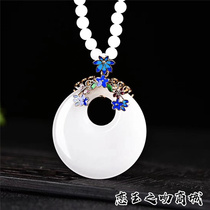 Golden Jade White Jade big eccentric safe buckle pendant retro style women fresh and elegant cloisonne sweater necklace