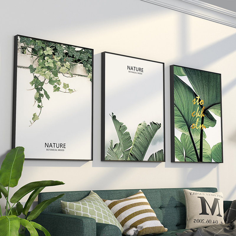 Modern minimalist living room decoration painting free of punch sofa Background wall hanging painting Atmosphere Family frescoes Green plant triptych
