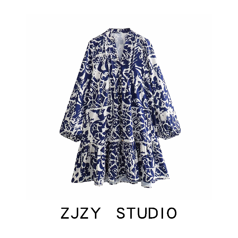 Zr European and American Style Za Women's Clothing New Fashion Loose V-Neck Printed Long-Sleeved Mini Dress 9878082