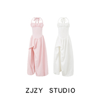 ZR European and American style ZA women's clothing fashionable waist slimming back strap slit bubble suspender large skirt long skirt