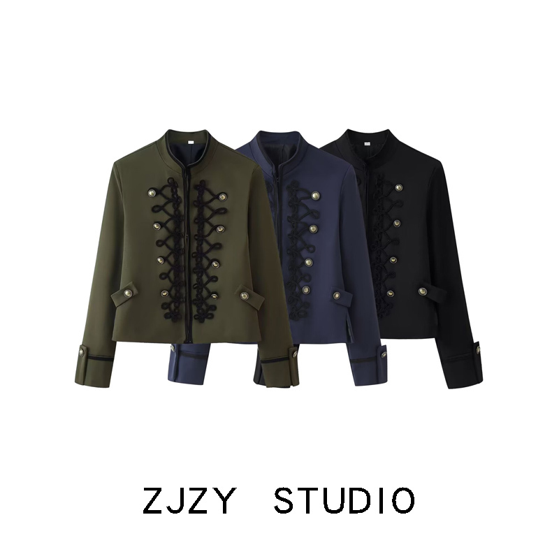 Zr European and American Style Za Women's Clothing New Fashion Versatile Stand-Up Collar Tie Shoulder Pad Knot Buckle Blazer