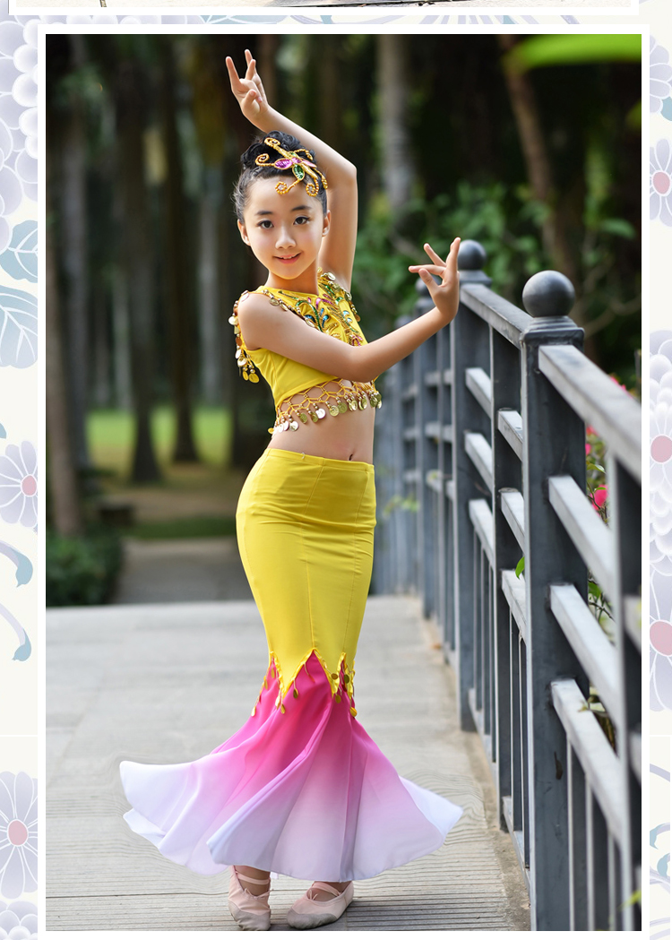 Mới cho trẻ em Áo dài váy đuôi cá kéo dài váy con công biểu diễn trang phục múa cho trẻ em trang phục dân dộc các nước trẻ em