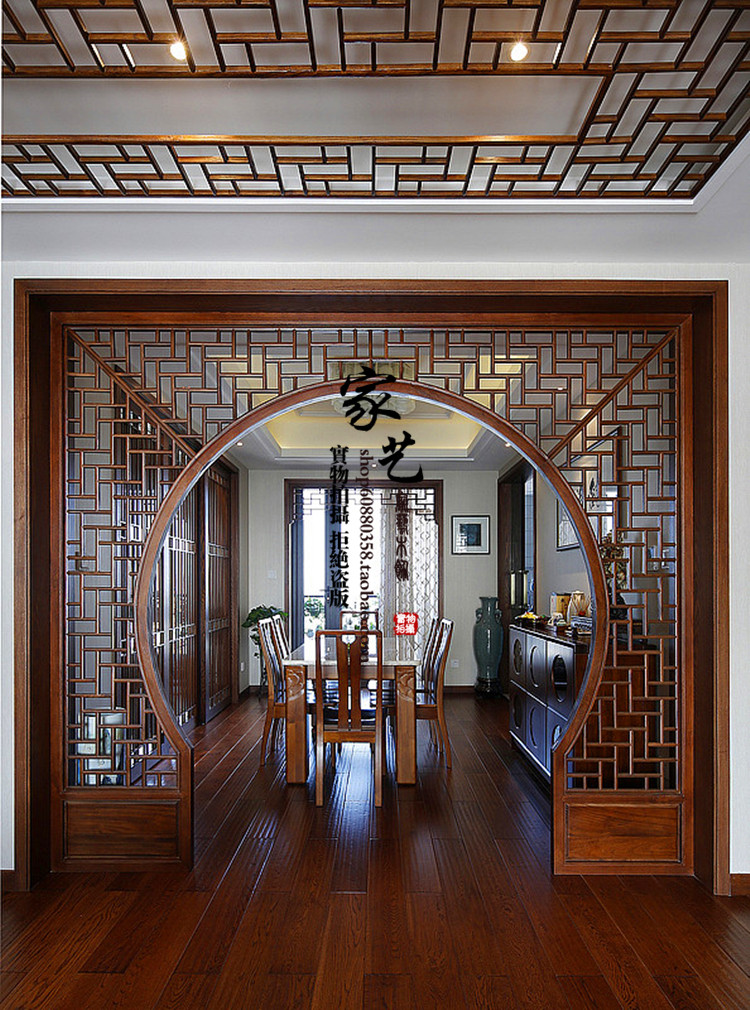 Dongyang wood carving antique doors and Windows porch partition screen solid wood background wall carved moon door moon door floor cover