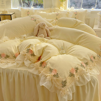 Korean-Style Four-Piece Bed Sheet Set, Non-Cotton, Pure Cotton Lace Duvet Cover, Three-Piece Dormitory Bedding, Princess-Style Bed Skirt, Fitted Sheet