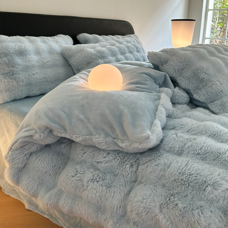 Winter Rabbit Fur Four-Piece Set Coral Fleece Winter Warm Milk Velvet Duvet Cover Flannel Bed Sheet Bedding