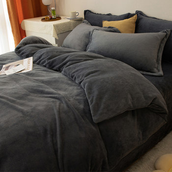 Thickened Warm Milk Velvet Four-Piece Set, Winter Coral Velvet Bed Flannel Fleece-Lined Bed Sheet and Duvet Cover, Student Three-Piece Set