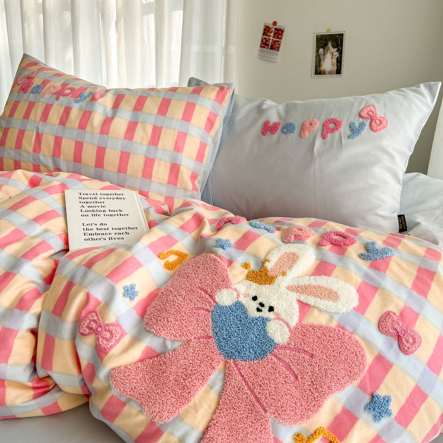 Thickened Brushed Cotton Four-Piece Set, Pure Cotton Towel Embroidered Cartoon Children's Duvet Cover, Bed Sheet Three-Piece Set, Bedding