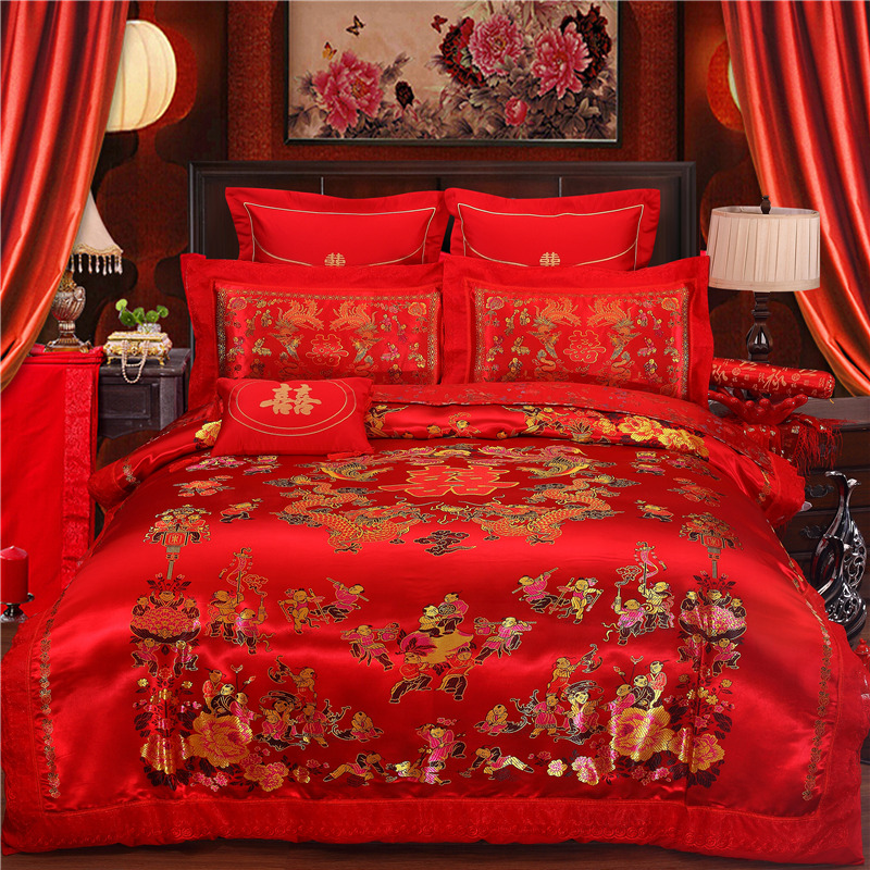 Chinoiserie wedding dragon phoenix mandarin duck hundred zi figure embroidery wedding bedding four-piece set large red 1.5m bed