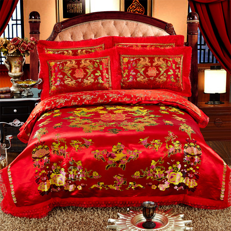 Silk brocade satin wedding celebration quilt cover by face silk forged by hood wedding happy quilt Longfeng 100 Photos Wedding items Great Red