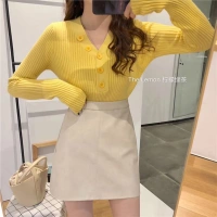 Áo len nữ cổ chữ V đơn mùa thu 2018 mùa thu mới thon gọn hoang dã Hồng Kông đậm đà sang trọng áo len cổ lọ màu thủy triều áo khoác len nữ hàn quốc