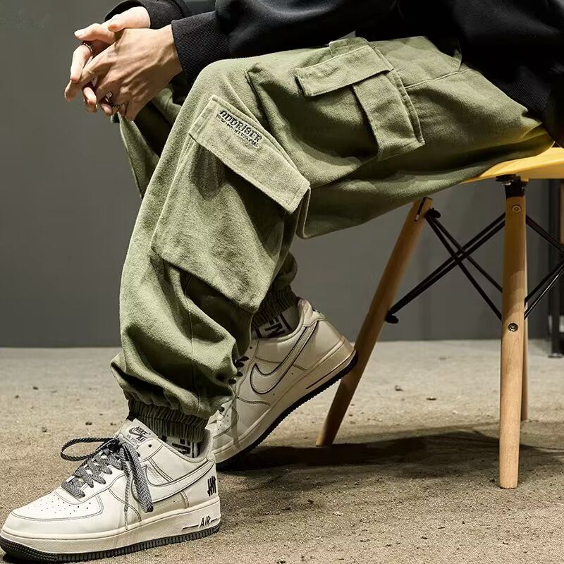 American-Style Trendy Cargo Pants for Men, Large Size, Loose Fit, Multi-Pocket, Army Green, Jogger Pants, Spring and Autumn, Trendy Retro Paratrooper Pants